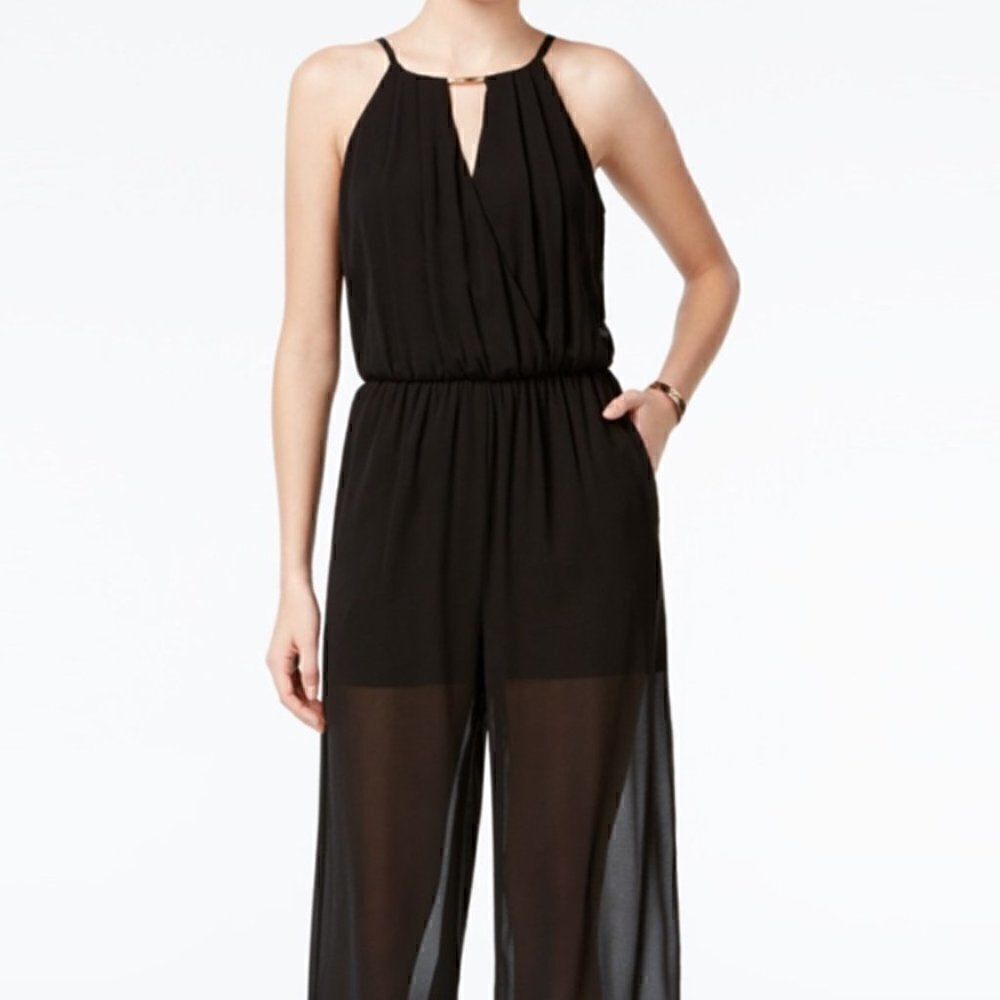NWT! BCX Dress Black Wide Leg Semi Sheer Jumpsuit with Gold Keyhole Detail L